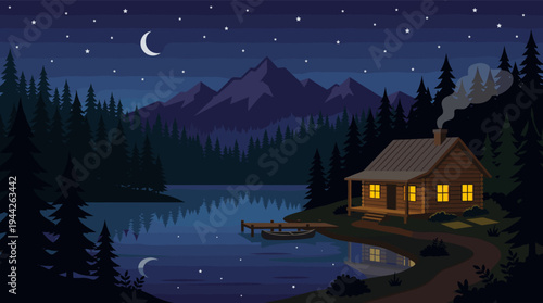 Illustration of a cozy log cabin with glowing windows on a serene lake, complete with a boat and starry sky. Evokes feelings of tranquility and rustic charm in a beautiful wilderness setting.