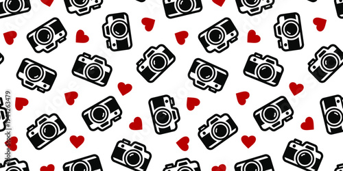 カメラとハートのシームレスパターン背景｜写真が好きな人のための可愛いデザイン　Seamless Camera and Heart Pattern Background – Photography Love Concept
