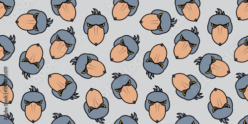 ハシビロコウの顔のシームレスパターン クールでシュールな総柄アニマル背景　Shoebill Face Seamless Pattern Cool and Funny Animal Background
