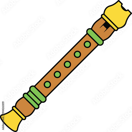 A cartoon drawing of a brown and green flute with yellow ends