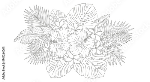 Detailed Outline Drawing of Tropical Flowers and Palm Leaves Arrangement on an Isolated White Background
