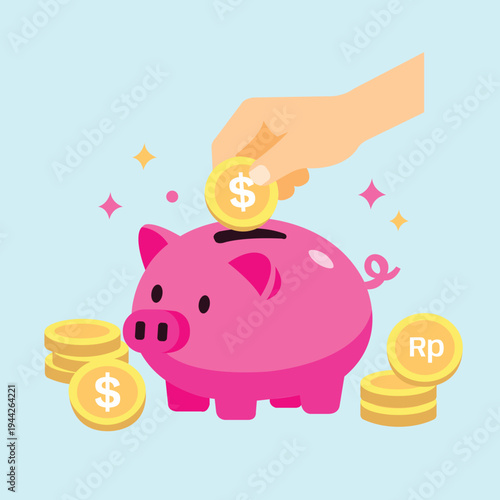 Saving Money Putting Coins in a Pink Piggy Bank