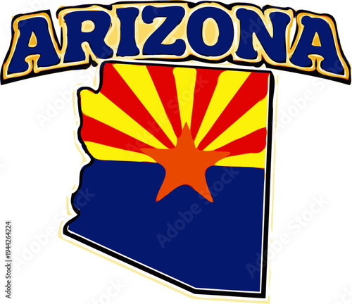 Arizona state map with Arizona flag design and bold Arizona text isolated on white background