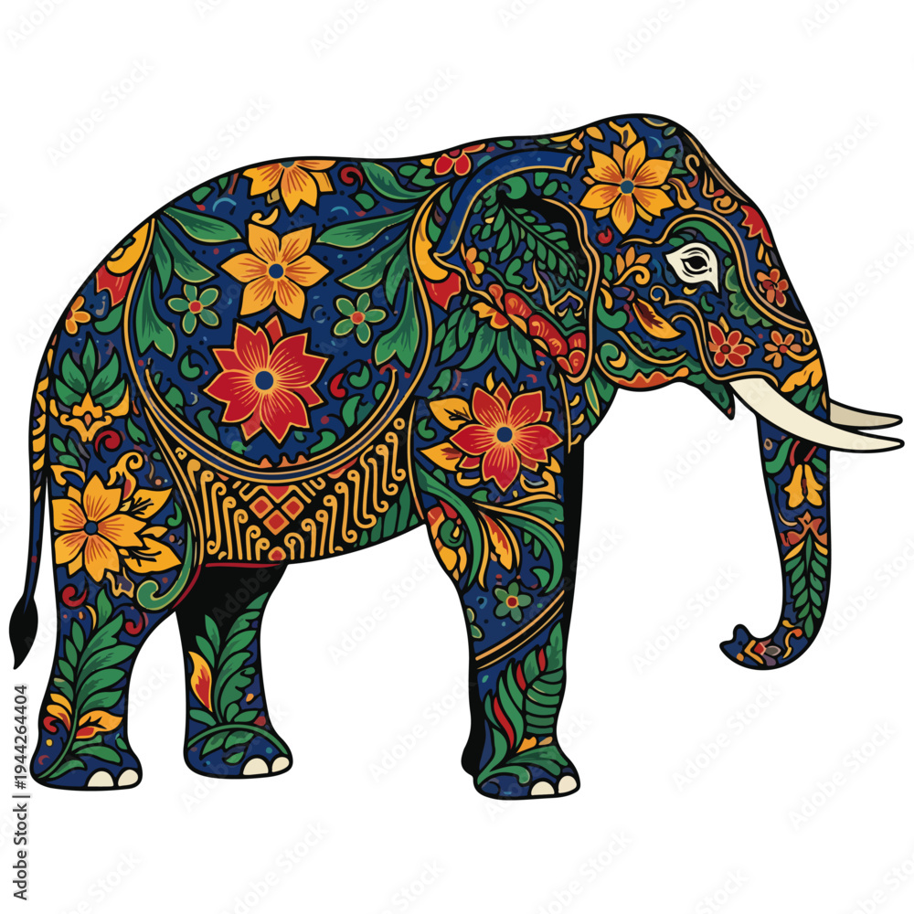 Obraz premium Intricate Floral Folk Art Decorated Asian Elephant Vector Illustration