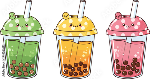 Bubble Tea Drink Vector Illustration Showing Cute Cartoon Cups with Tapioca Pearls