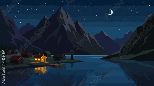A picturesque village rests lakeside with its warm light reflecting into the still water under a starry sky, framed by looming mountains at night.