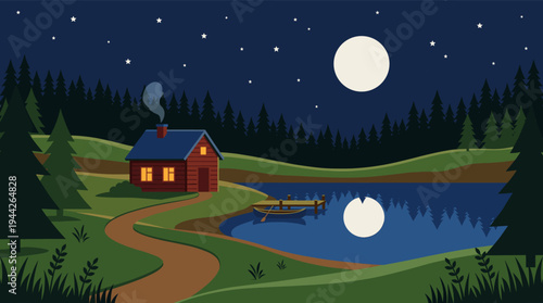 An illustration of a cozy cabin by a tranquil lake, bathed in moonlight and starlight creating a serene, peaceful, and inviting atmosphere in nature.