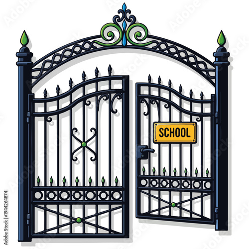 ornate wrought iron school gate vector illustration