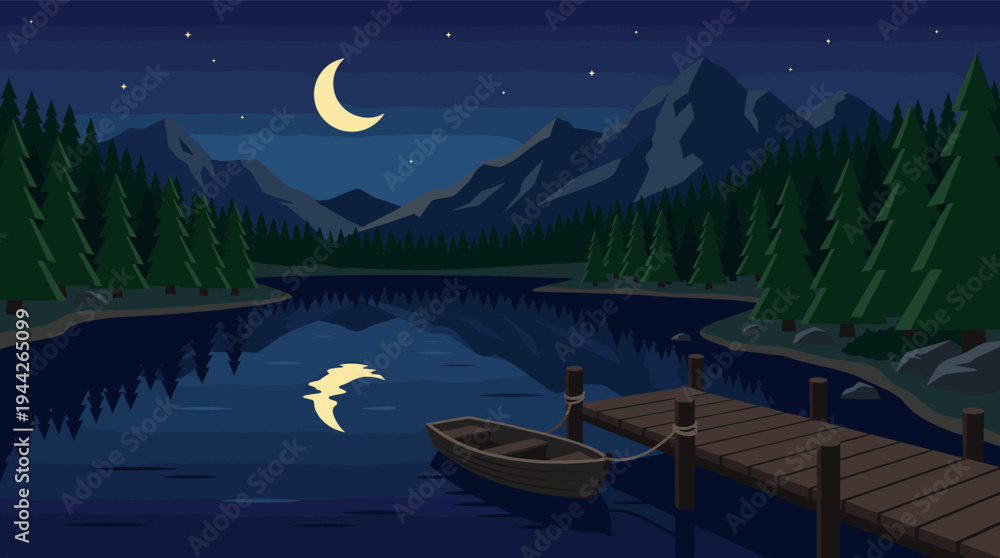 Fototapeta premium A peaceful cartoon illustration of a lake at night featuring a wooden pier, a small boat, a crescent moon, and reflective stars. Ideal for backgrounds or designs.
