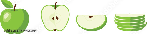 Green Apple Cutting Process Vector Illustration Showing Whole Halved Quarter and Slice Stages
