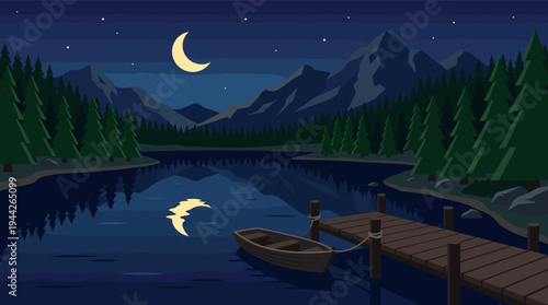 A peaceful cartoon illustration of a lake at night featuring a wooden pier, a small boat, a crescent moon, and reflective stars. Ideal for backgrounds or designs.
