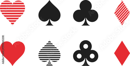 Playing Card Suit Vector Illustration Showing Hearts Spades Clubs and Diamonds in Solid and Stylized Designs