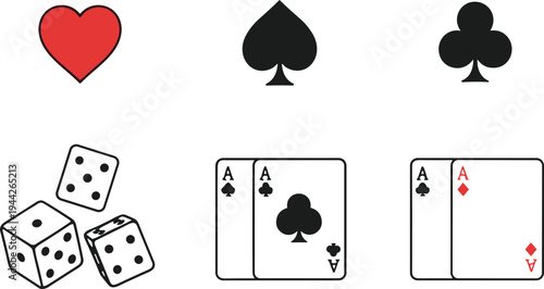 Casino Gambling Vector IllustrPlaying Card and Dice Vector Illustration Showing Suits and Aces for Casino Game Conceptsation Showing Card Suits Dice Chips and Symbols