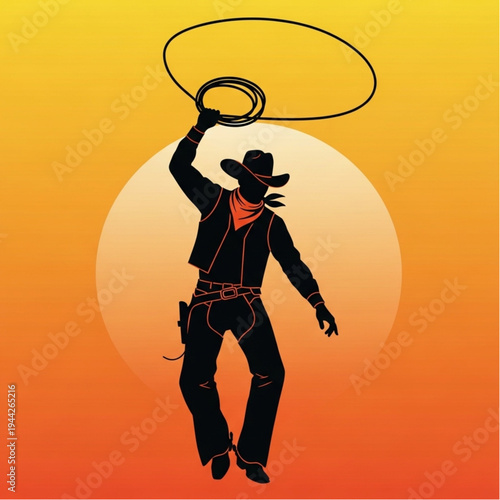 Cowboy Silhouette Lassoing Rope in Action.
