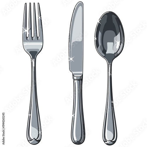 Shiny Silver Flatware Fork Knife Spoon Vector Illustration
