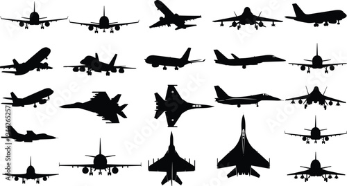 Military and commercial aircraft silhouette collection featuring fighter jets, passenger airplanes and bombers from multiple angles isolated on white