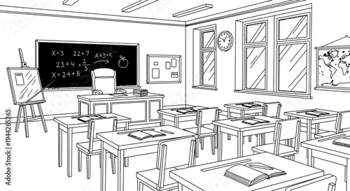 Empty School Classroom with Desks.