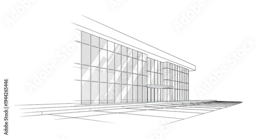 Architectural sketch of a modern building with glass facade and lines