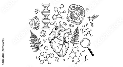 Human heart with DNA and molecules.