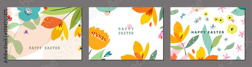 Easter horizontal greeting cards for spring decor in vibrant colors. Floral art set with decorative flowers, floral frames and backgrounds. For Mother’s Day, Birthday, Wedding and Baby invitations.