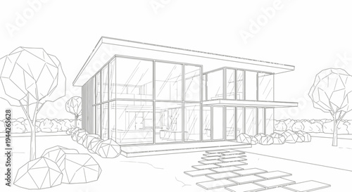 Modern house with large glass windows.