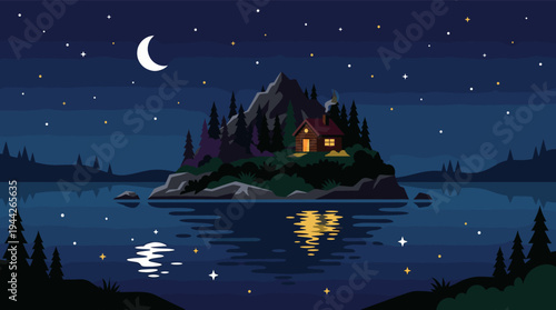 Serene vector illustration of a cabin nestled among trees on an island under a starry night, with a crescent moon and the cabin's reflection shimmering in the calm lake.