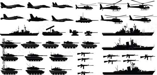 Military vehicles and weapons silhouette set including fighter jets, helicopters, tanks, warships and assault rifles isolated on white background