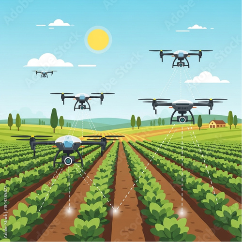 Drones Flying Over Agricultural Crops Field.