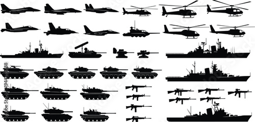 Comprehensive military vehicle and weapon silhouette collection featuring fighter jets, helicopters, tanks, warships and assault rifles isolated on white background