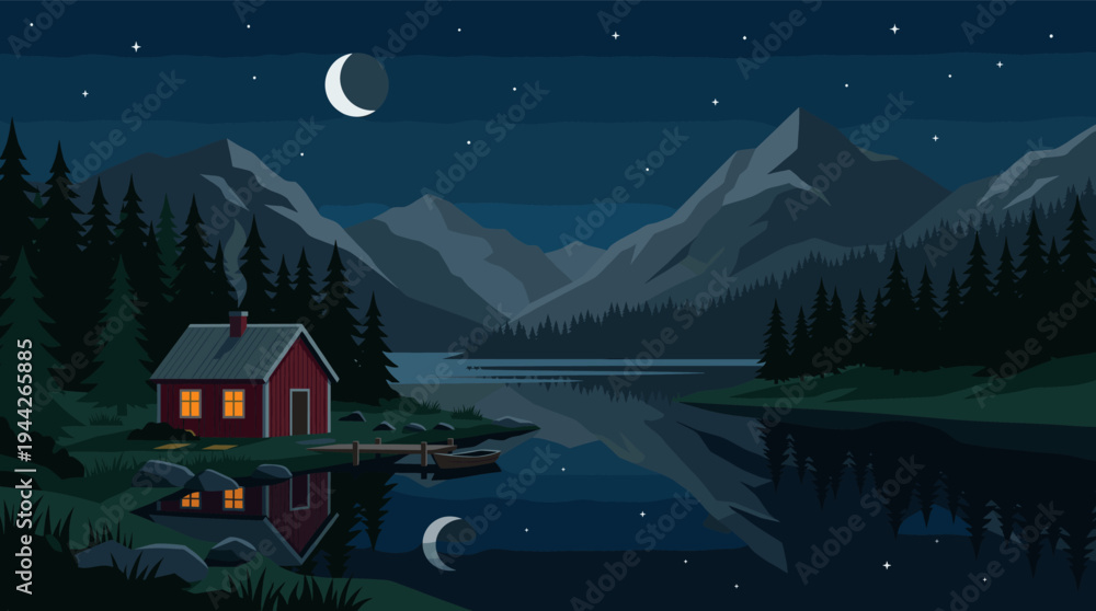 Fototapeta premium Idyllic scene of a red cabin with glowing windows nestled by a calm lake at night, reflecting the crescent moon and mountains in the dark water, surrounded by evergreen trees.