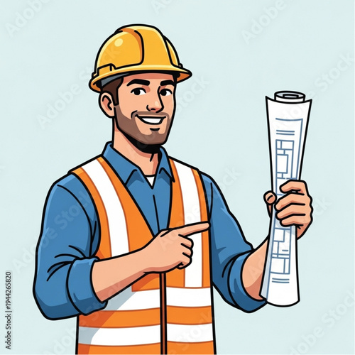 Construction Worker Holding Blueprint and Pointing.