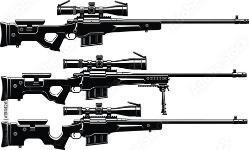 Sniper rifle silhouette collection with telescopic scopes and bipod from multiple configurations isolated on white background for military weapon vector design