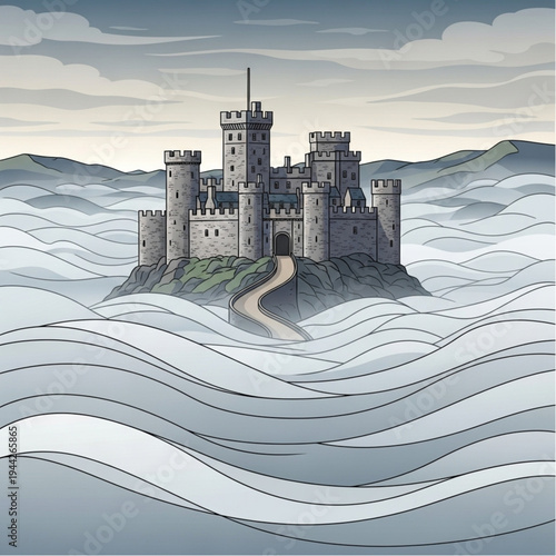 Castle on Island with Tower and Battlements.