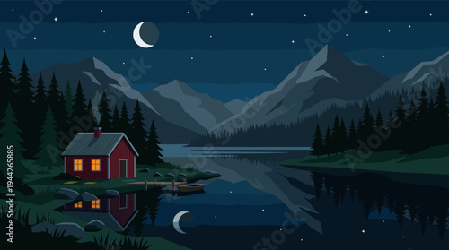 Idyllic scene of a red cabin with glowing windows nestled by a calm lake at night, reflecting the crescent moon and mountains in the dark water, surrounded by evergreen trees.