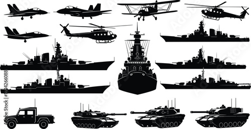 Military vehicle silhouette collection including fighter jets, helicopters, tanks, warships and tactical truck isolated on white background for defense design