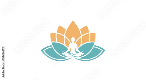 Person Meditating in Lotus Pose within a Stylized Orange and Blue Lotus Flower Symbolizing Inner Peace on Isolated White Background
