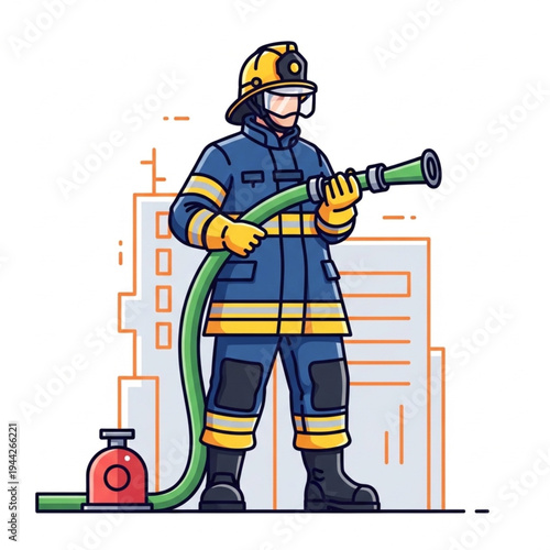 Firefighter in uniform holding hose equipment.