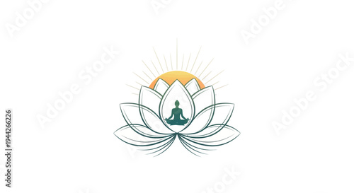 Person Meditating in Lotus Pose inside a Lotus Flower with Sun Rays Symbolizing Peace and Mindfulness on Isolated White Background
