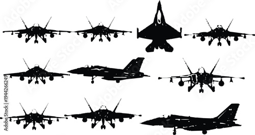 Collection of modern military fighter jet silhouettes from multiple angles isolated on white background for aviation defense and aerospace design use