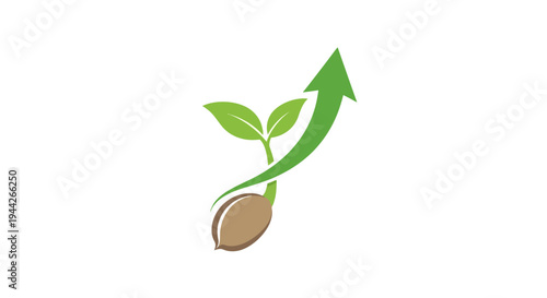 Plant Sprout Emerging from Seed with Upward Green Arrow, Symbolizing Growth and Progress, Isolated White Background