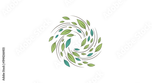 Circular Swirl of Dynamic Green Leaves Pattern, Isolated White Background