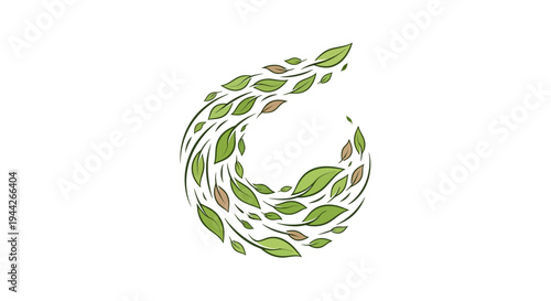 Swirling Green Leaves Forming an Abstract Organic Design, Isolated White Background