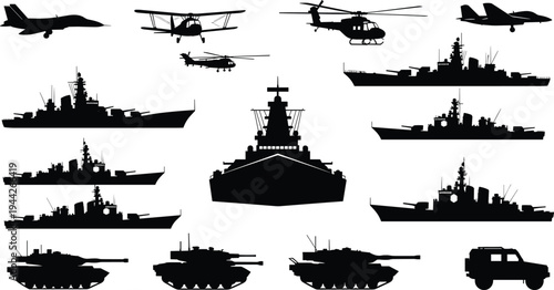 Comprehensive military forces silhouette set including warships aircraft helicopters tanks and armored vehicles isolated on white background