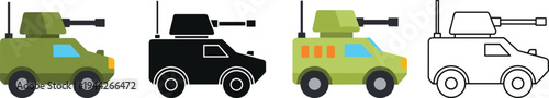 Cartoon style armored military vehicle with mounted cannon in color silhouette and outline versions isolated on white background