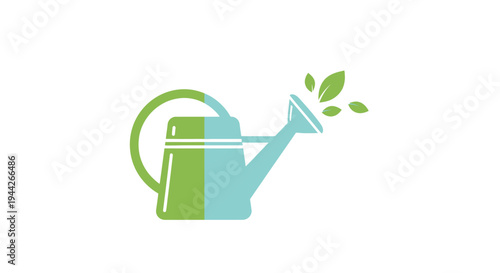 Simple Green Watering Can with Leaves Motif, Isolated White Background