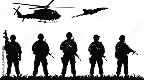 Army soldiers silhouette with helicopter and fighter jet in sky isolated on white background military defense concept