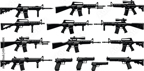 Collection of assault rifles and handguns silhouettes isolated on white background modern military firearms vector set