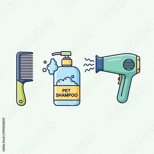 Hair Care Tools and Shampoo Bottle Illustration.