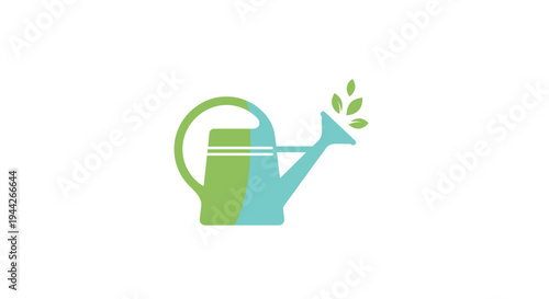 Minimalist Watering Can with Green Leaves Design, Isolated White Background