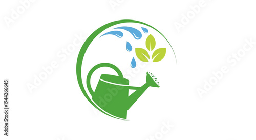 Watering Can Nurturing Green Leaves with Water Droplets in Circle Frame, Isolated White Background